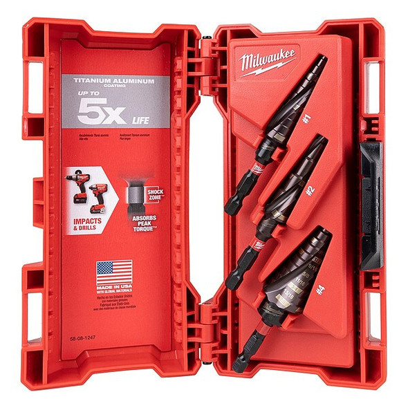 Milwaukee Tool Step Drill Bit Set,1/8" to 1-1/8"  Range 48-89-9257 Milwaukee Tool Step Drill Bit Set,1/8" to 1-1/8"  Range 48-89-9257