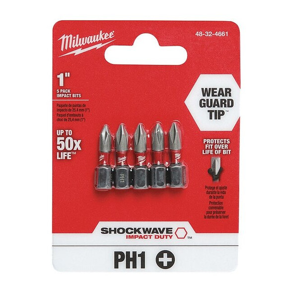 SHOCKWAVE 1 in Phillips No. 1 Impact Duty Power Bit, 5-Piece Pack
