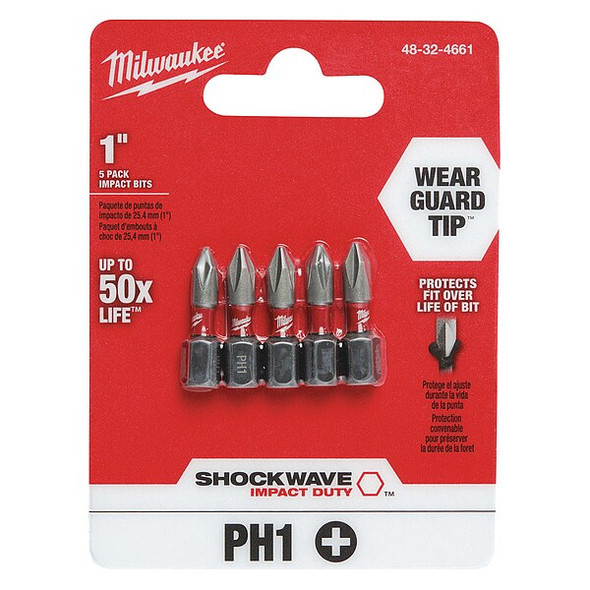 SHOCKWAVE 1 in Phillips No. 1 Impact Duty Power Bit, 5-Piece Pack