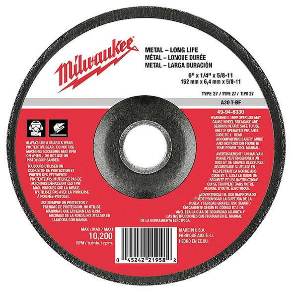Milwaukee Tool 6" x 1/4" x 5/8-11" Grinding Wheel (Type 27) 49-94-6330