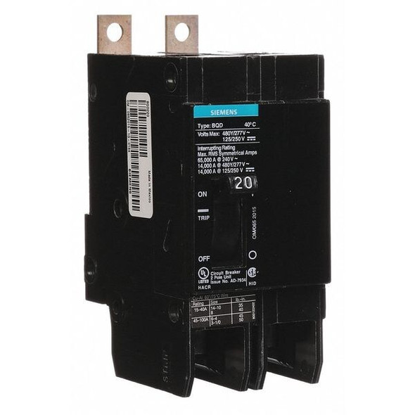 Miniature Circuit Breaker, BQD Series, 20A, 2 Pole, 480V AC, 14kA at 480V AC