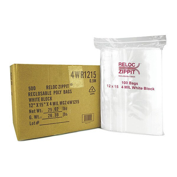 Reclosable Bag, Zip Seal, 15 in L, 12 in W, 4 mil Thick, Polyethylene, Clear
