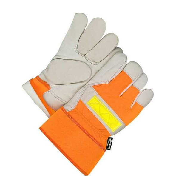 Leather Gloves, Cowhide Palm, Safety Cuff, Beige / Orange, 1 PR