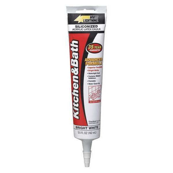 Hybrid Caulk, 6 oz, Tube, White, Hybrid Base, Kitchen & Bath