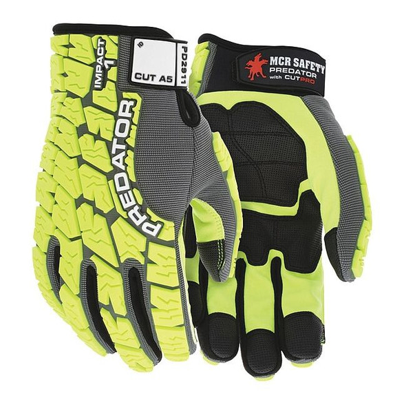 Predator Mechanics Gloves, Synthetic Leather Palm, Spandex Back, 2XL, Gray/Lime
