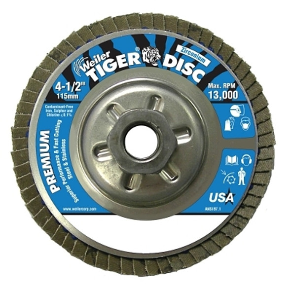 Tiger® Disc Angled Style Flap Disc, 4-1/2 in dia, 120 Grit, 5/8 in-11, 13000 rpm, Type 29 Tiger® Disc Angled Style Flap Disc, 4-1/2 in dia, 120 Grit, 5/8 in-11, 13000 rpm, Type 29