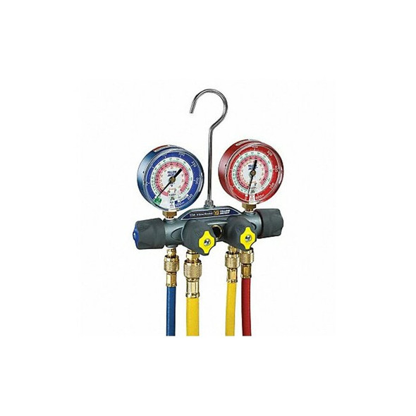 Mechanical Manifold Gauge Set, 4 Valve, 4 Hoses, Vacuum Port Size 3/8 in