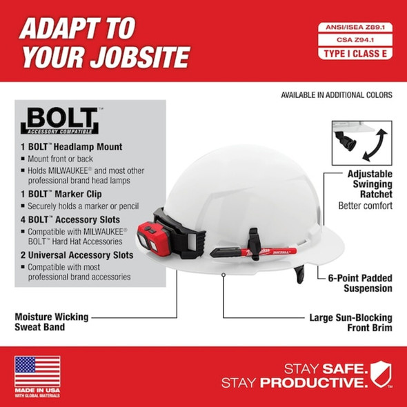 BOLT Black Full Brim Hard Hat w-6pt Ratcheting Suspension - Type 1, Class E  48-73-1131