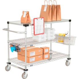 Nexel 3 Shelf Push Cart Chrome 36""W x 24""D x 40""H Poly Casters2 Rigid 2 Brake