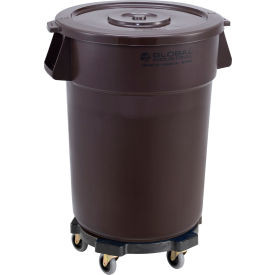Global Industrial Plastic Trash Can with Lid & Dolly - 44 Gallon Brown