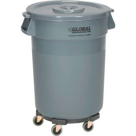Global Industrial Plastic Trash Can with Lid & Dolly - 32 Gallon Gray