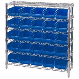 Global Industrial Chrome Wire Shelving with 25 4""H Plastic Shelf Bins Blue 36x1