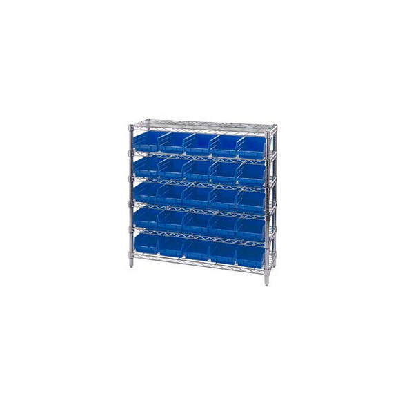 Global Industrial Chrome Wire Shelving with 25 4""H Plastic Shelf Bins Blue 36x1