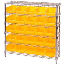 Global Industrial Chrome Wire Shelving with 25 4""H Plastic Shelf Bins Yellow 36