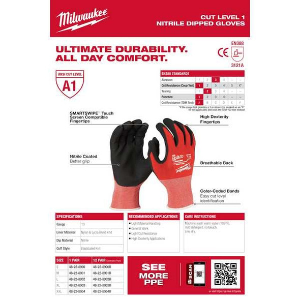 Milwaukee Tool Cut Level 1 Dipped Gloves,L,PK12 48-22-8902B