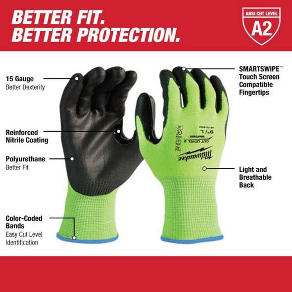Milwaukee Tool 12 Pair High Visibility Cut Level 2 Polyurethane Dipped Gloves- L 48-73-8922B