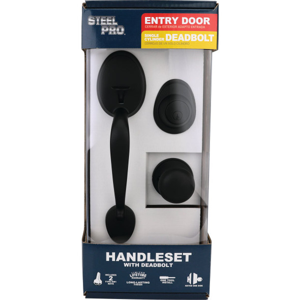 Steel Pro Matte Black Entry Door Handleset with Half Round Interior Knob HY7X9F1 246200