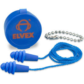 Elvex Quattro Reusable Earplugs with Chain & Case Corded NRR 27 dB Blue 50 Pairs