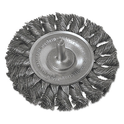 Standard Twist Knot Wire Wheel, 3-1/4 in dia x 3/8 in W Face, 0.0118 in Steel Wire, 25000 RPM, 1/4 in Stem