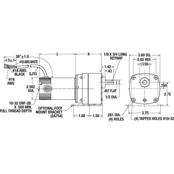 Dayton DC Gearmotor, 100 in-lb Max. Torque, 9.6 RPM Nameplate RPM, 90V DC Voltage 6Z912