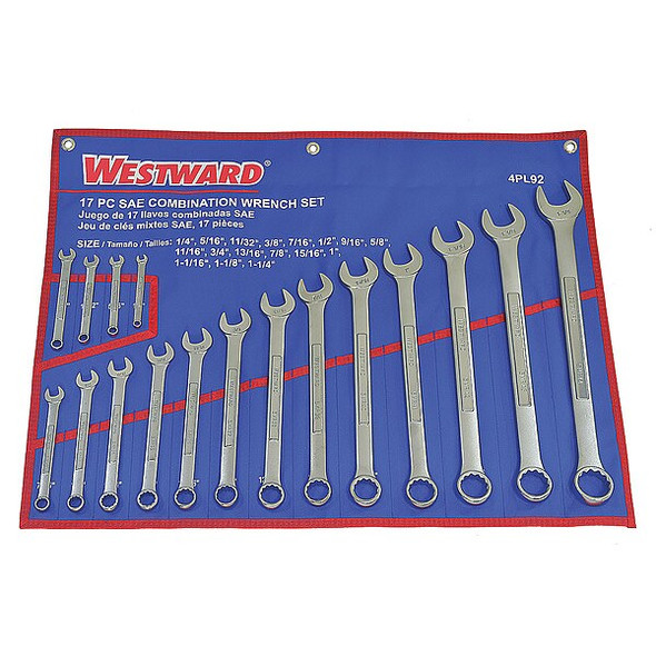 Westward Combo Wrench Set,Satin,1/4-1-1/4 in,17Pc 4PL92