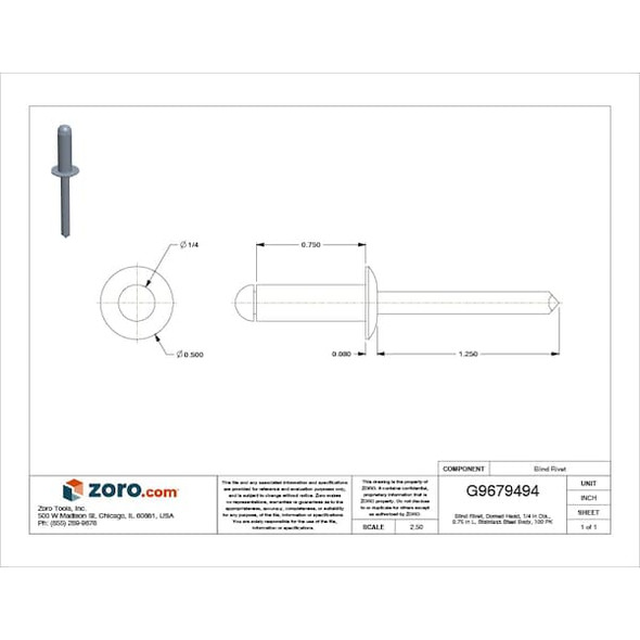 Manufacturer Varies Blind Rivet,1/4Inx0.750In,Dome,PK100 U34142.025.0088 Manufacturer Varies Blind Rivet,1/4Inx0.750In,Dome,PK100 U34142.025.0088