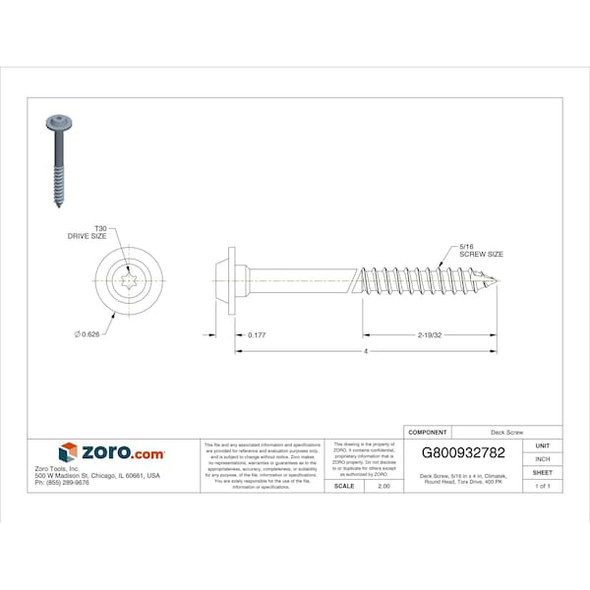Grk Fasteners Deck Screw,5/16",Steel,4"L,PK400 GRK10225 Grk Fasteners Deck Screw,5/16",Steel,4"L,PK400 GRK10225