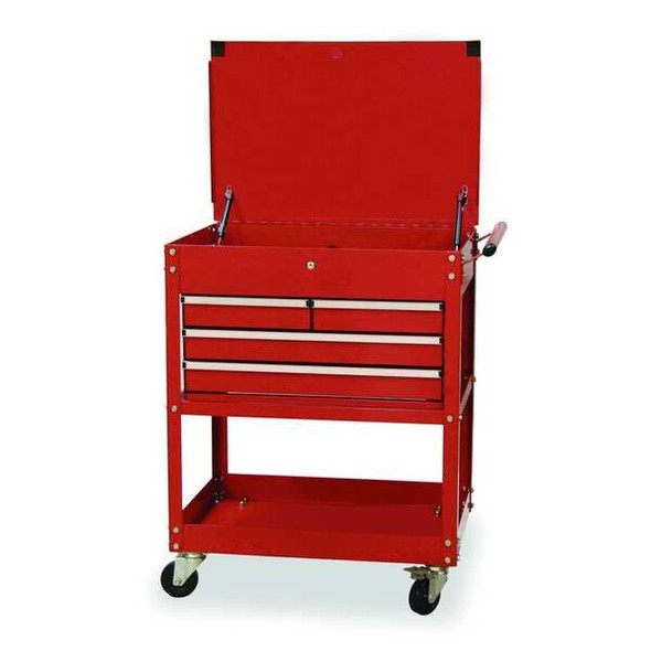 WESTWARD Tool Utility Cart, 4-Drawers, Gloss Red, Keyed, 30" W x 20" D x 38" H