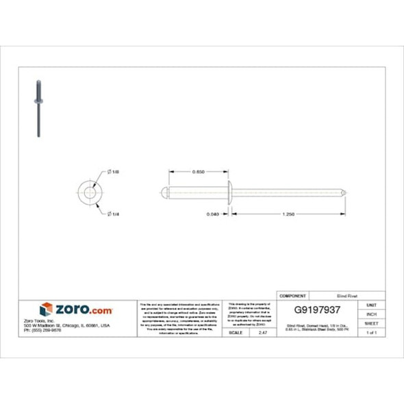 Blind Rivet, Dome Head, 1-8 in Dia., 21-32 in L, Stainless Steel Body, 500 PK  U34180.012.0048