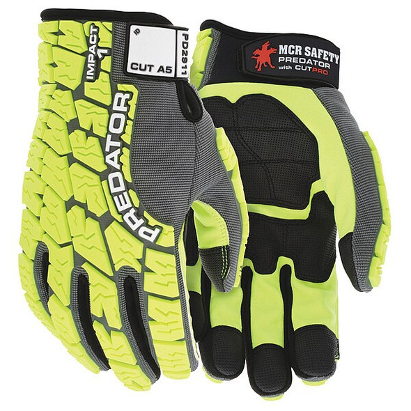 Predator Mechanics Gloves, Synthetic Leather Palm, Spandex Back, XL, Gray/Lime