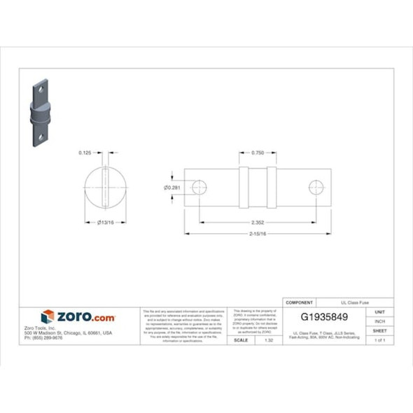 UL Class Fuse, T Class, Fast-Acting, 80A, 600V AC, Non-Indicating  JLLS080