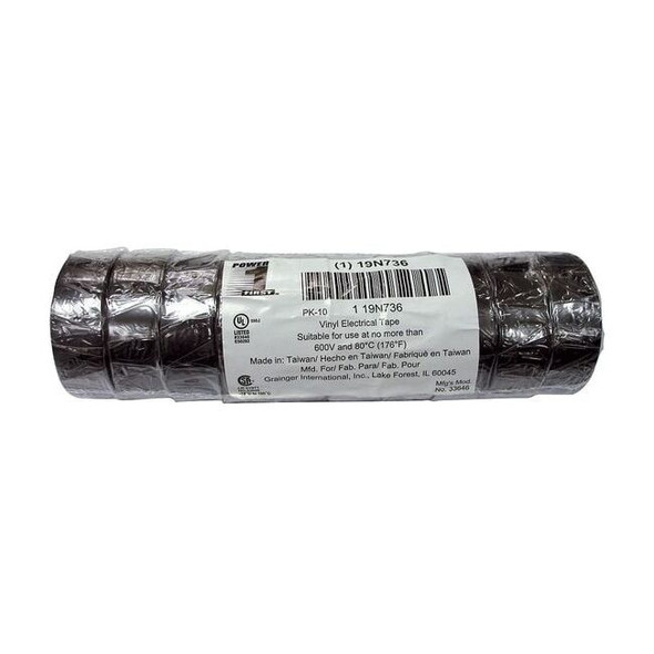 Vinyl Electrical Tape,3/4 in W x 20 ft L, 7 mil thick, Black, PK10