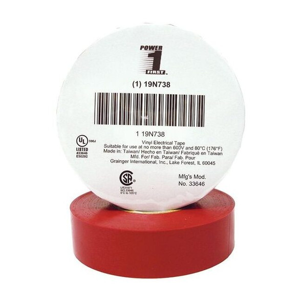 Vinyl Electrical Tape, 3/4 in W x 66 ft L, 7 mil thick, Red 1 Pack