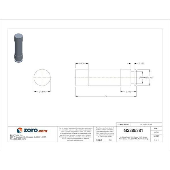 Mersen UL Class Fuse, RK5 Class, Time-Delay, 60A, 250V AC, Non-Indicating TR60R