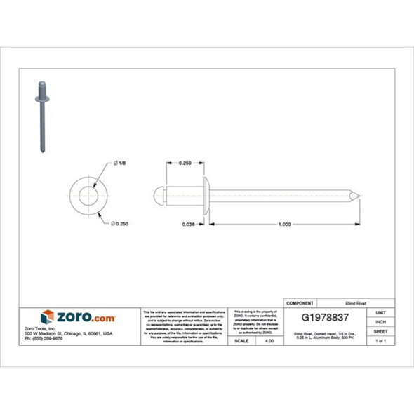 Blind Rivet, Dome Head, 1-8 in Dia., 1-4 in L, Aluminum Body, 500 PK  AD42BS201