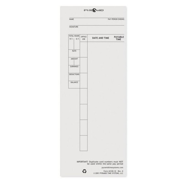 Pyramid Time Card,White,9in H,PK100 44100-10