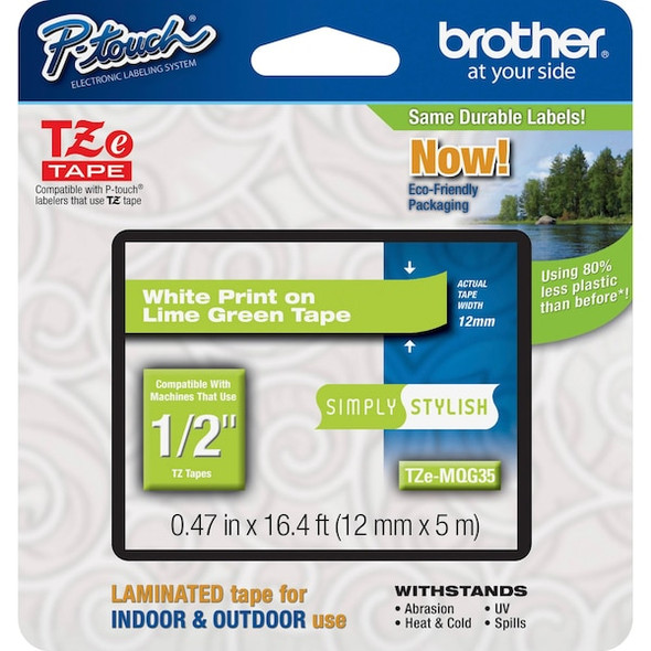Brother Label,White/Lime Green,.47" x 16.4 ft. TZEMQG35G Brother Label,White/Lime Green,.47" x 16.4 ft. TZEMQG35G