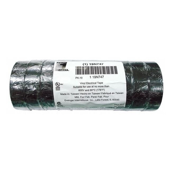 Vinyl Electrical Tape, 3/4 in W x 60 ft L, 7 mil Thick, Black, 10 Pk