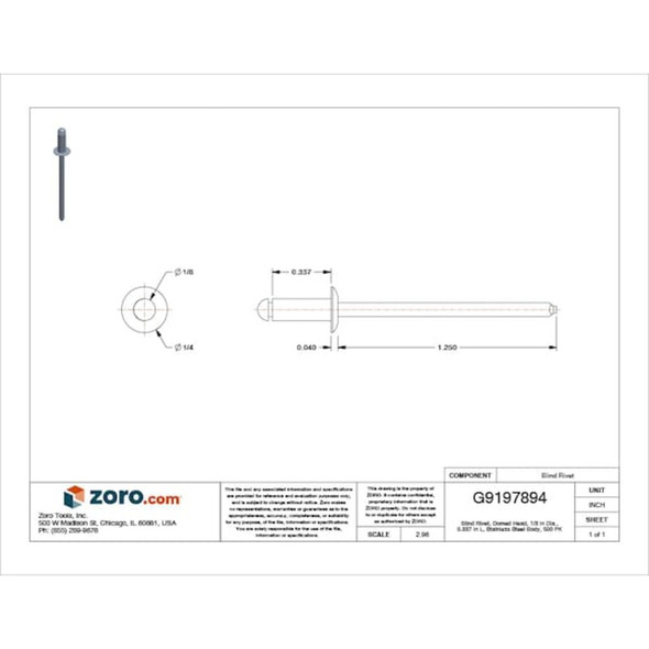 Blind Rivet, Dome Head, 1-8 in Dia., 11-32 in L, Stainless Steel Body, 500 PK  U34180.012.0043