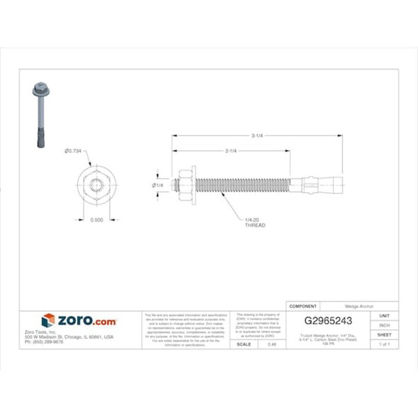 Trubolt Wedge Anchor, 1-4" Dia., 3-1-4" L, Carbon Steel Zinc Plated, 100 PK  WS-1432