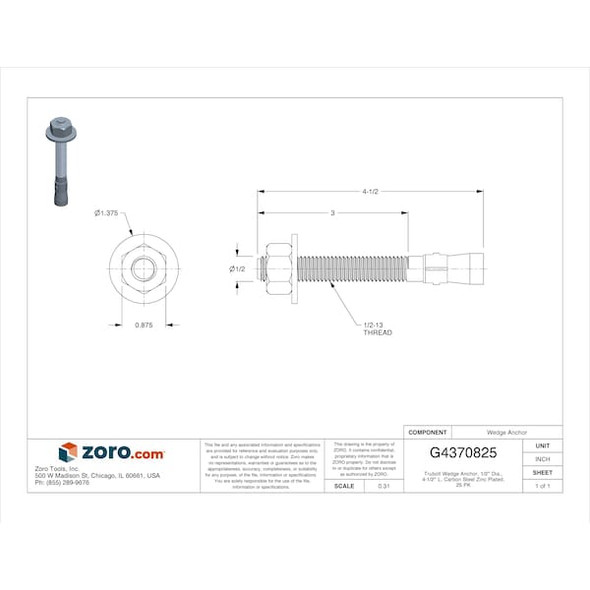 Red Head Trubolt Wedge Anchor, 1/2" Dia., 4-1/2" L, Carbon Steel Zinc Plated, 25 PK WS-1244