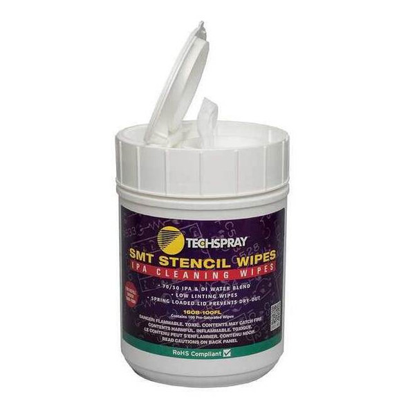 Techspray IPA Cleaning Wipes,Self-Close Tub,PK100 1608-100FL