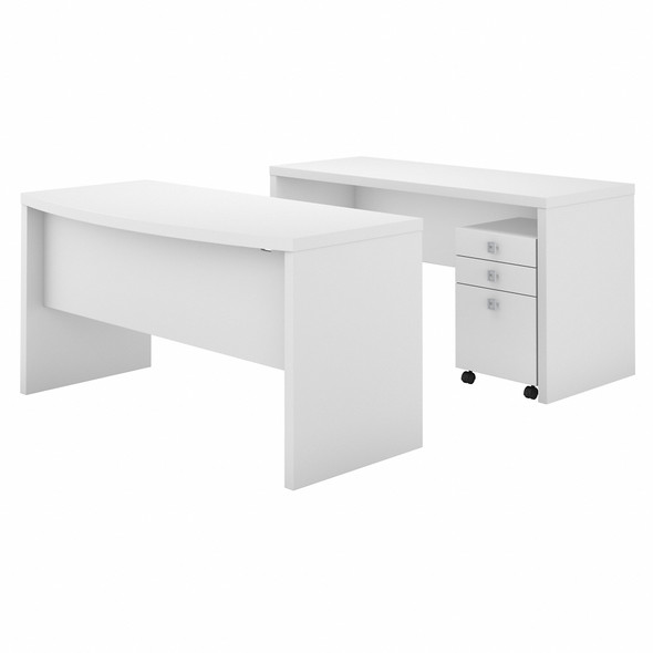 Office by kathy ireland® Echo Bow Front Desk and Credenza with Mobile File Cabinet ECH010PW