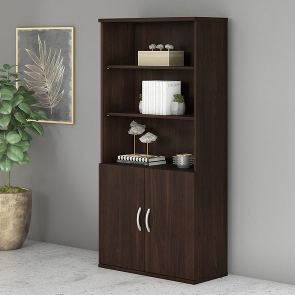 Bush Business Furniture Studio C Tall 5 Shelf Bookcase with Doors in Black Walnut STC015BW