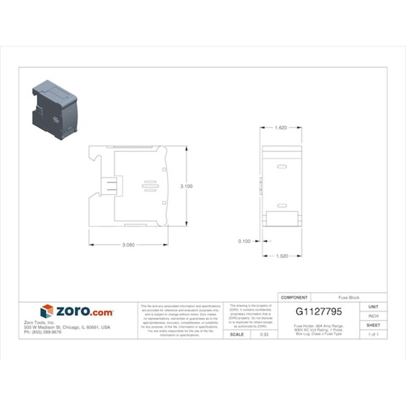 Fuse Holder, J UL Class, 600V AC Volt Rating, 1 Poles, Box Lug  JTN60060