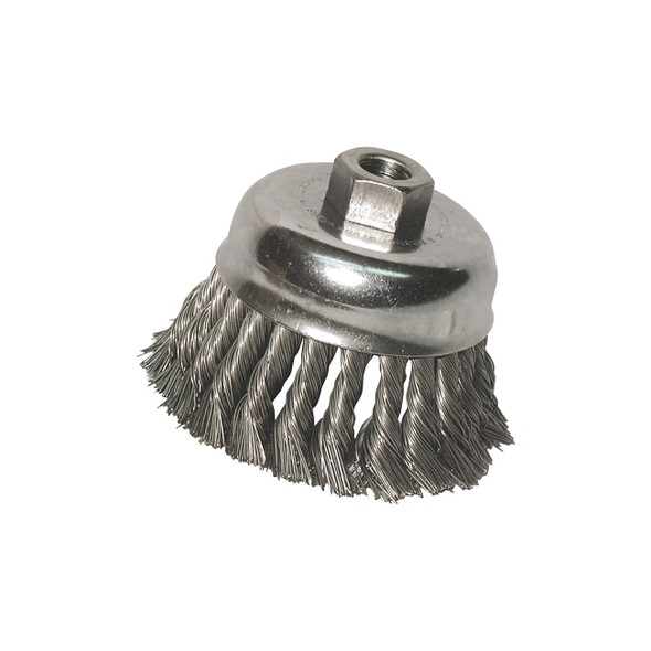 Knot Wire Cup Brush, 6 in Dia., 5/8-11 Arbor, .035 in Carbon Steel Wire