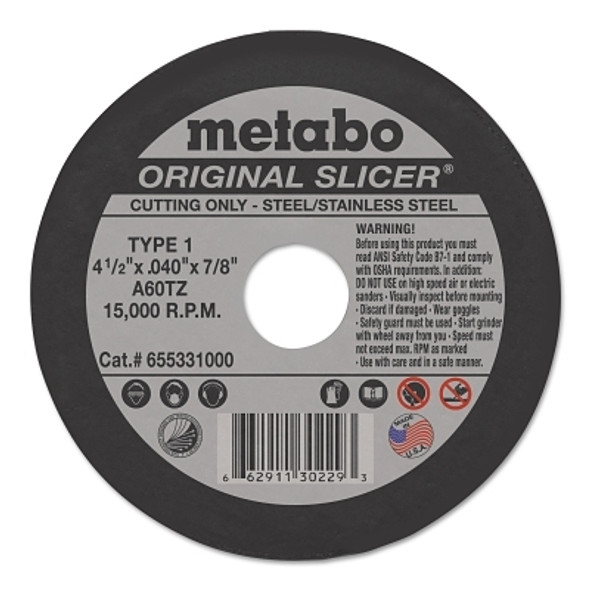 Original Slicer Cutting Wheel, Type 1, 4-1/2 in dia, 0.045 in Thick, 60 Grit, Aluminum Oxide Original Slicer Cutting Wheel, Type 1, 4-1/2 in dia, 0.045 in Thick, 60 Grit, Aluminum Oxide