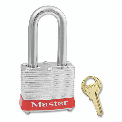 No. 3 Laminated Steel Padlock, 9/32 in dia, 5/8 in W x 2 in H Shackle, Silver/Red, Keyed Alike, Keyed 2541