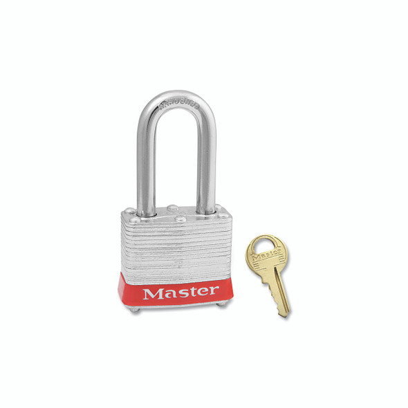 No. 3 Laminated Steel Padlock, 9/32 in dia, 5/8 in W x 2 in H Shackle, Silver/Red, Keyed Alike, Keyed 2541