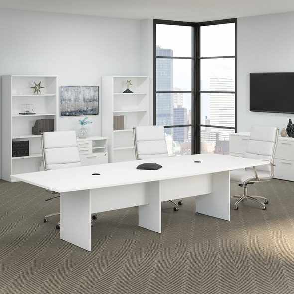 Bush Business Furniture 120W x 48D Boat Shaped Conference Table with Wood Base in White 99TB12048WHK